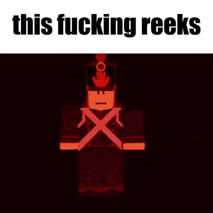 a red cartoon character with the words this fucking reeks