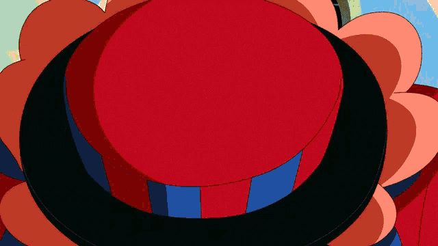 a cartoon drawing of a clown wearing a red and blue hat