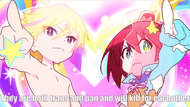 a cartoon of a man and a girl with the words " they are both trans and pan and will kill for eachother "