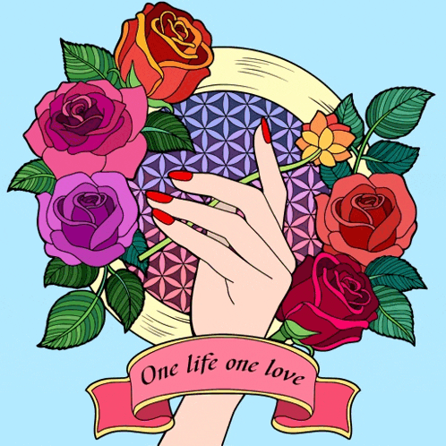 a drawing of a woman 's hand surrounded by roses with the words one life one love written on a ribbon