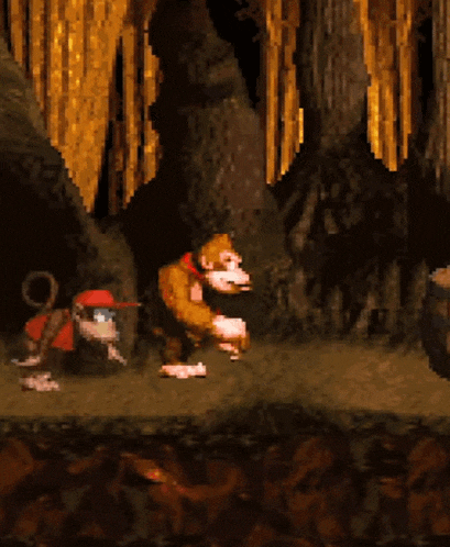 a video game scene with donkey kong and a monkey