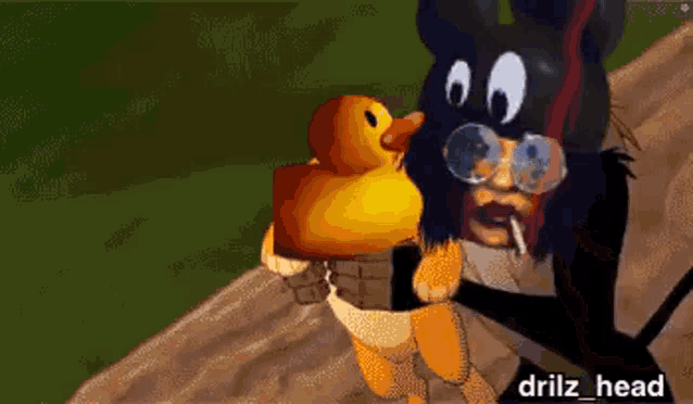 a man is holding a rubber duck and smoking a cigarette while wearing a bunny hat .