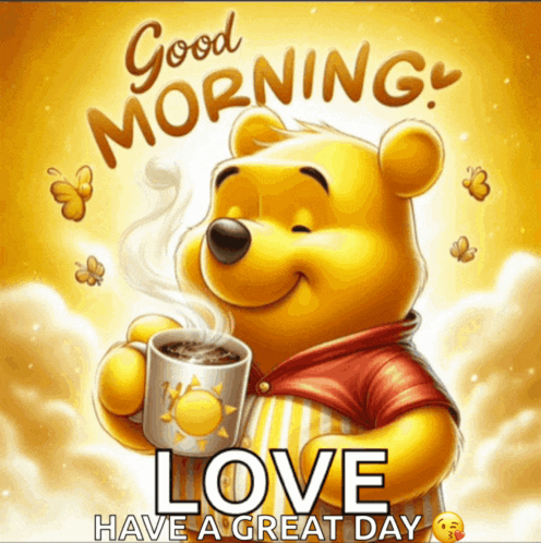 a picture of winnie the pooh holding a cup of coffee