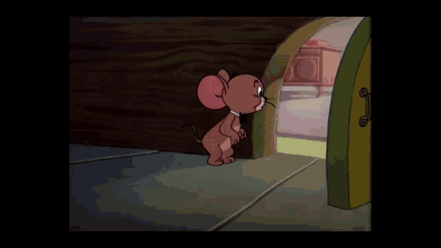 a cartoon of a mouse standing in a doorway