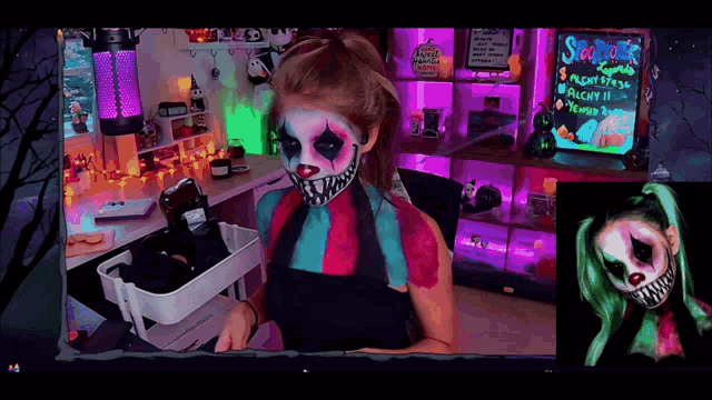 a woman with a clown face painted on her face sits at a desk with a sign that says ' spooky '