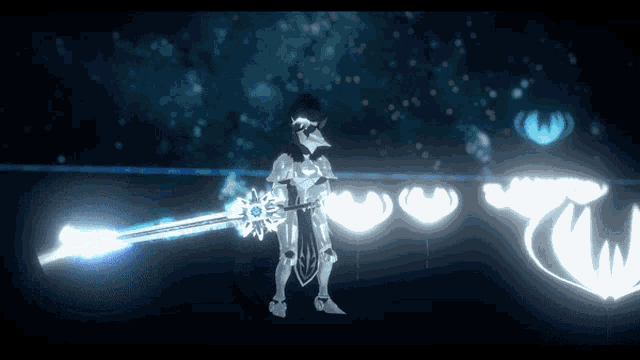 a person in armor holding a sword with a blue background