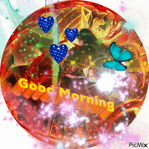 a picture of a woman with hearts and butterflies and the words good morning
