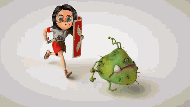 a cartoon character is holding a shield and sword while fighting a green monster