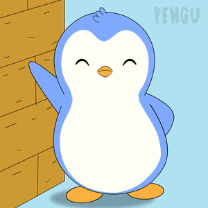 a blue and white penguin is standing in front of a wall and the word pengu is on the bottom right