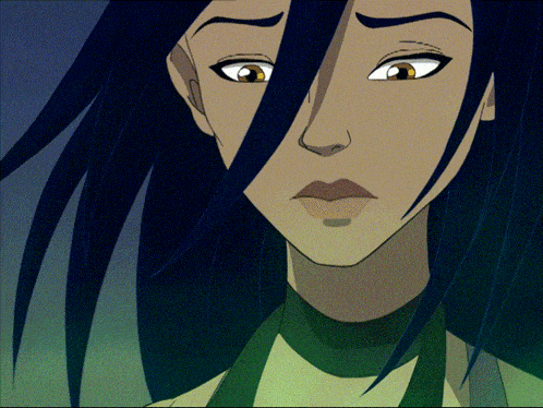 a close up of a cartoon character with long hair