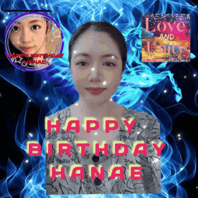 a picture of a woman with the words happy birthday hanae on the bottom