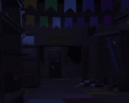 a cartoon character is standing in a dark room with flags hanging from the walls .