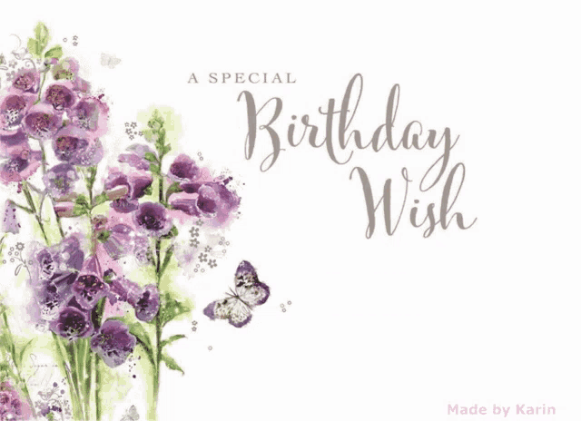 a birthday card with purple flowers and butterflies says " a special birthday wish for you "
