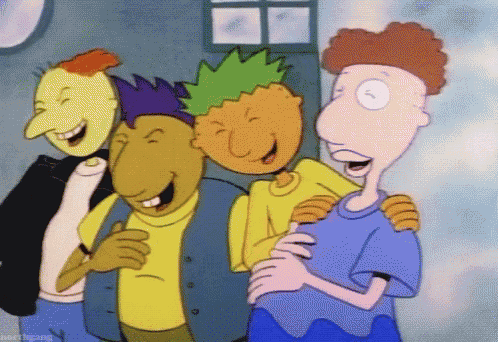 a group of cartoon characters standing next to each other and laughing