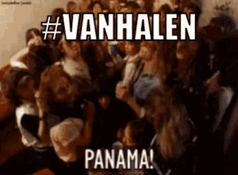 a crowd of people are gathered in a room with the words vanhalen panama written on the bottom .