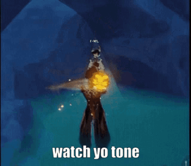 a video game character is standing in the water holding a sword and a sign that says watch yo tone .