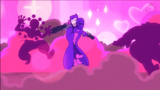 a woman in a purple dress is holding a gun in a pink background