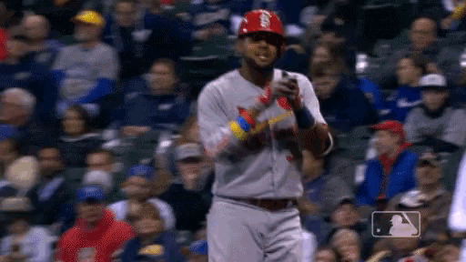 a baseball player wearing a red cardinals helmet is standing in front of a crowd