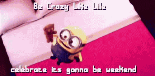 a picture of a minion holding a teddy bear with the words be crazy like lille celebrate it 's gonna be weekend