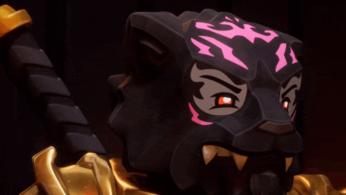 a close up of a cartoon character 's face with a black and pink mask
