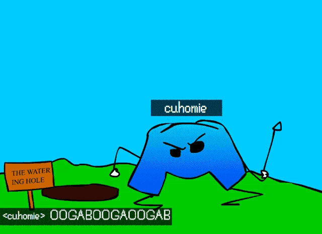 a cartoon character is standing in front of a sign that says " the water big hole "