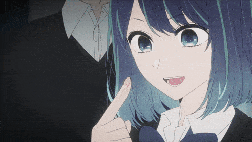 a girl with blue hair is pointing her finger at someone