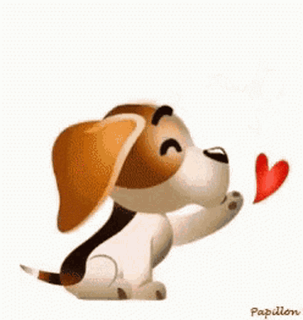 a cartoon dog is blowing a kiss and holding a heart in the air .