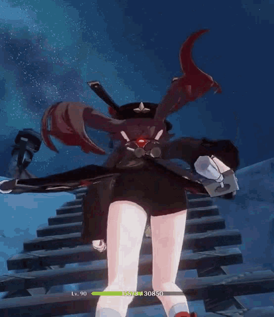 a video game character is standing on a staircase holding a sword and has a lv 90 .