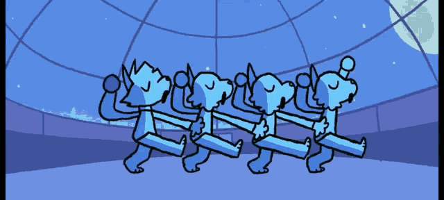 a group of cartoon characters are standing in a room