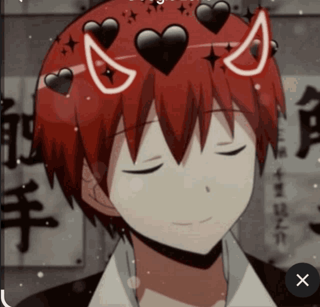 a cartoon character with red hair has hearts on his head