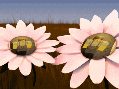 two pink daisies with a picture of a man in overalls on them