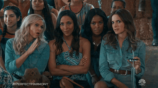 a group of women are sitting in front of a sign that says perfect harmony