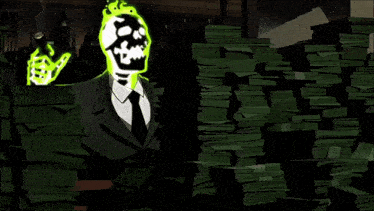 a man in a suit and tie is surrounded by stacks of green money