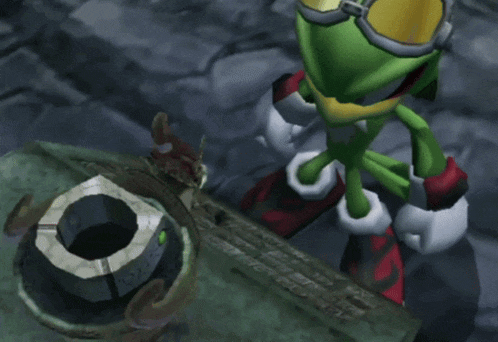 a cartoon character wearing goggles is working on a machine