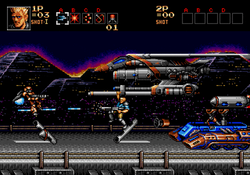a video game screen shows a man shooting a rocket and says press start