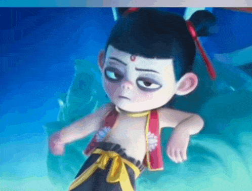 a close up of a cartoon character with a sad look on his face standing on a bed .