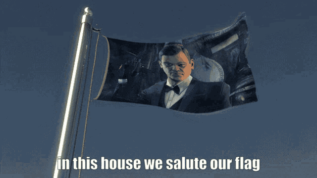 a flag with a picture of a man and the words in this house we salute our flag on it