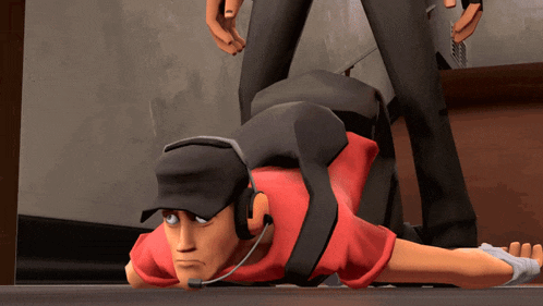 a cartoon character wearing headphones and a red shirt is laying on the floor