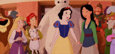 a group of cartoon characters are standing next to each other