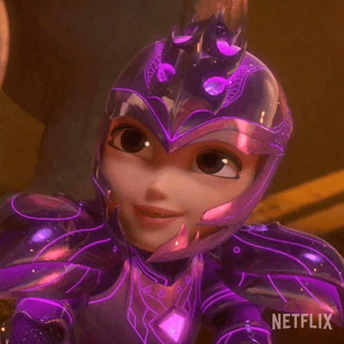 a cartoon character with purple armor and a helmet says no