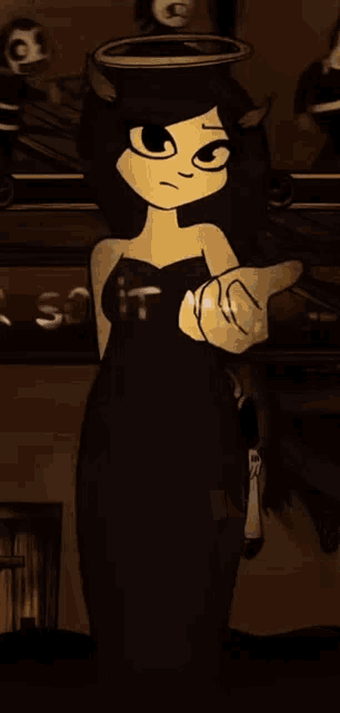 a cartoon girl in a black dress with a halo on her head is standing in front of a table .