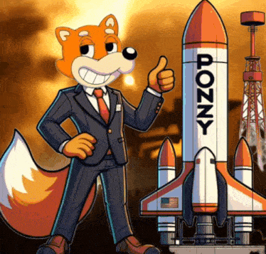 a cartoon fox in a suit and tie giving a thumbs up in front of a rocket that says pozny