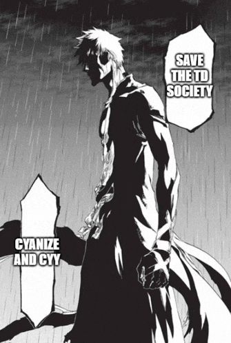 a black and white drawing of a man with the words save the td society cyanize and gyy