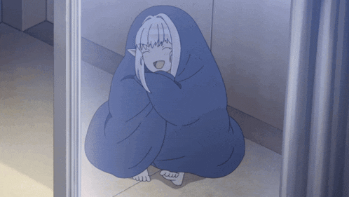 a cartoon character is wrapped in a blue blanket and smiling