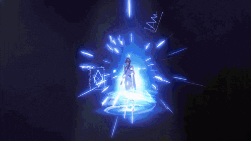 a man in a white coat is standing in a dark room with a blue light behind him