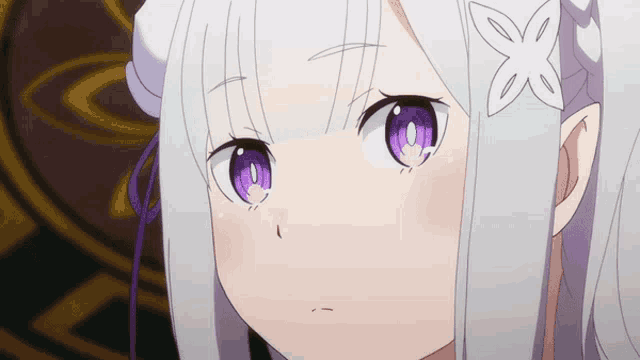 a close up of a girl with purple eyes and a flower in her hair