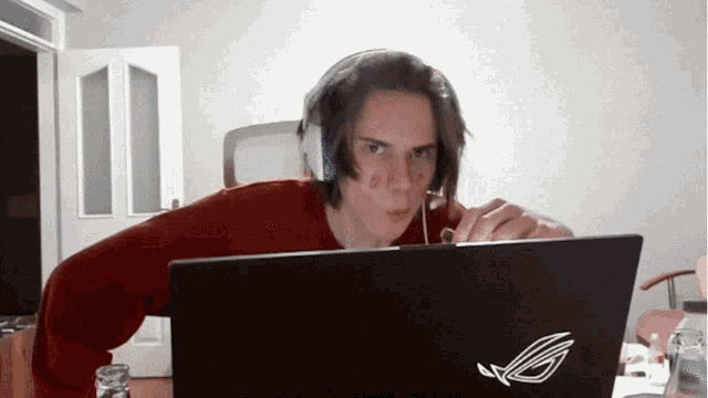 a person wearing headphones looks at a laptop