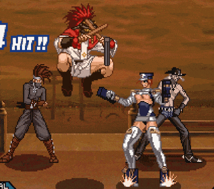 a video game shows a man holding a sword and a woman holding a gun with the word hit behind them