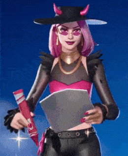 a woman with horns on her hat is holding a red crayon