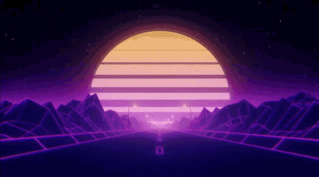 a computer generated image of a sunset with a road going through it